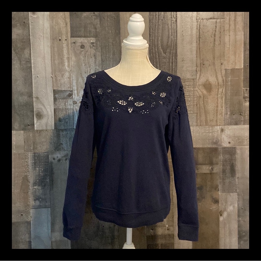 LOFT navy sweater floral embroidery eyelet cutouts feminine warm winter preppy